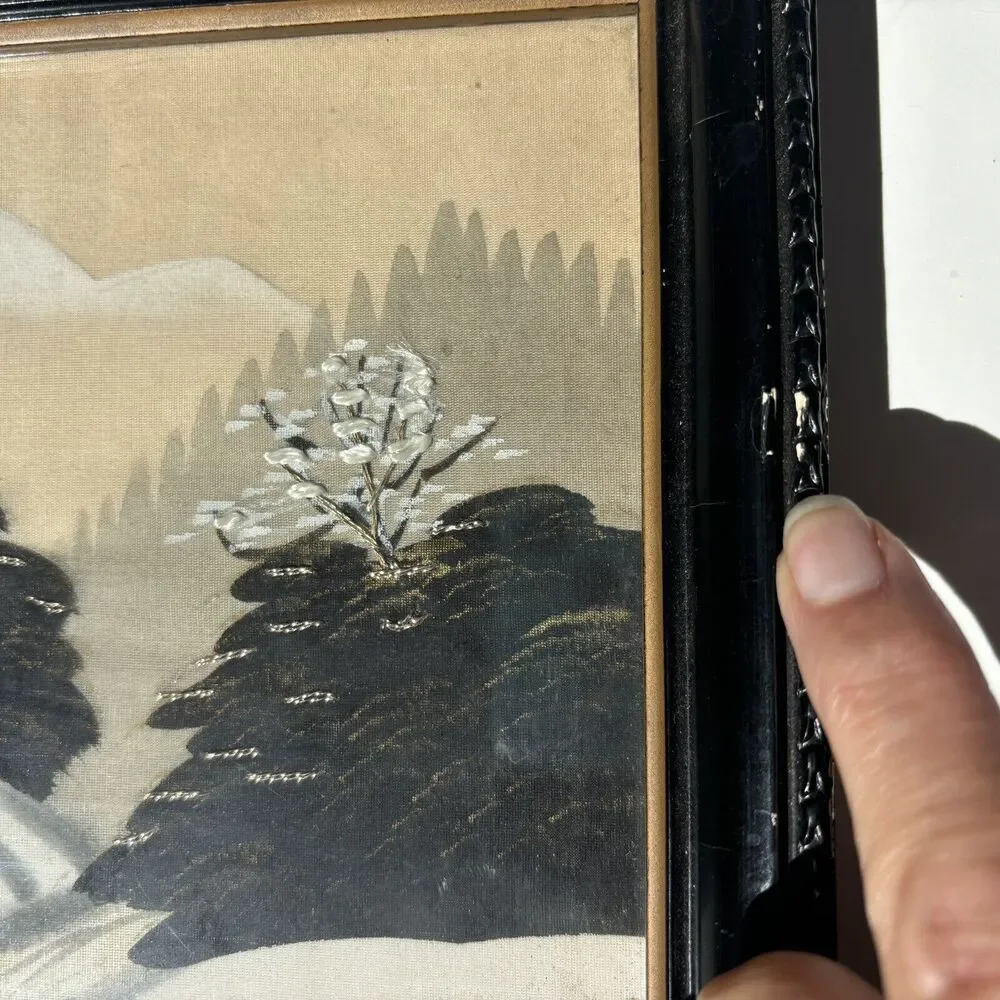 Vintage Japanese Silk Embroidered Winter Landscape 11.5 X 9.5 inches